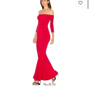 Norma Kamali red off the shoulder fishtail gown
